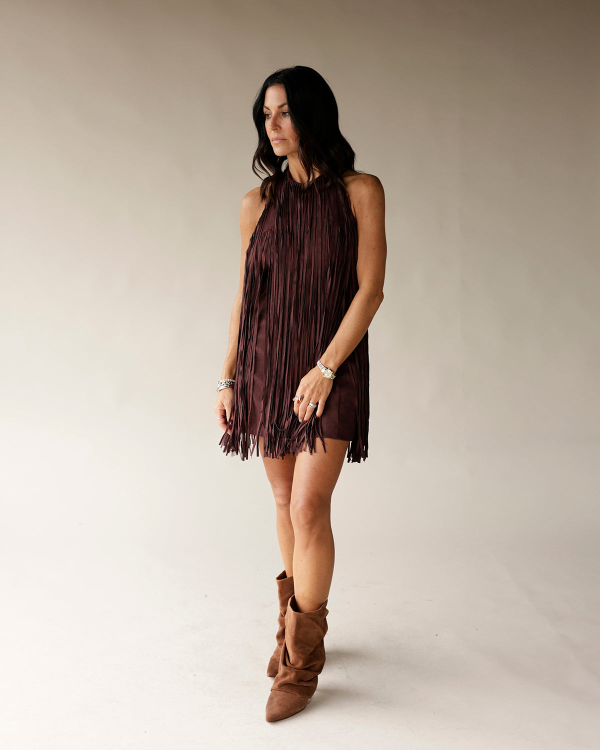 ALL THE RAGE CHOCOLATE FRINGE MINI DRESS