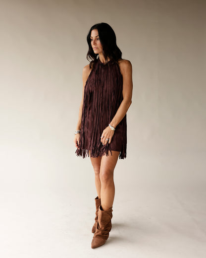ALL THE RAGE CHOCOLATE FRINGE MINI DRESS