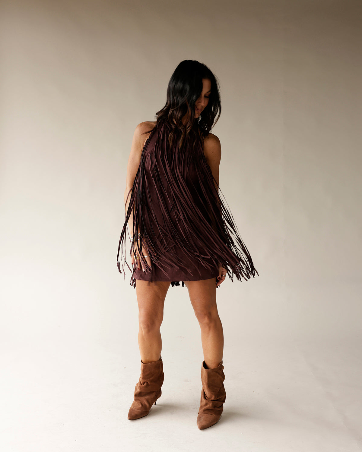 ALL THE RAGE CHOCOLATE FRINGE MINI DRESS