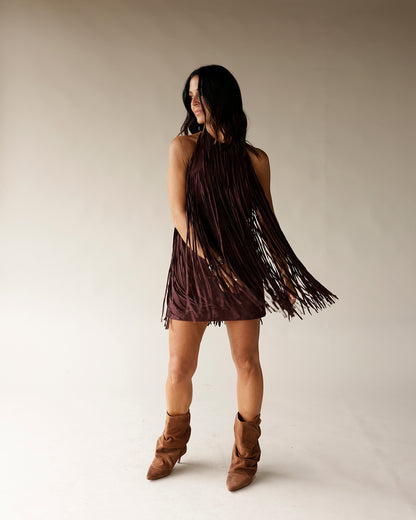 ALL THE RAGE CHOCOLATE FRINGE MINI DRESS