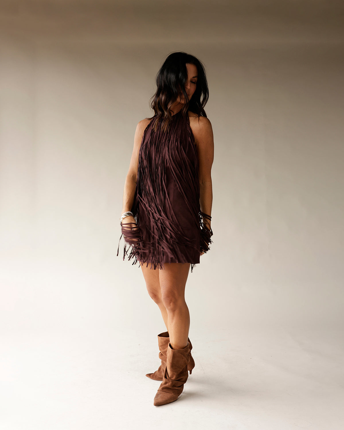 ALL THE RAGE CHOCOLATE FRINGE MINI DRESS