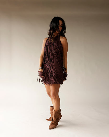 ALL THE RAGE CHOCOLATE FRINGE MINI DRESS