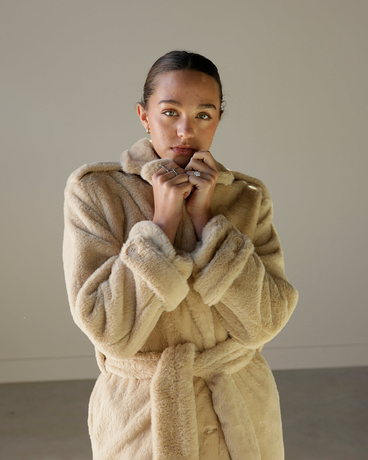 GLAMOUR SHOTS IVORY FAUX FUR MAXI COAT