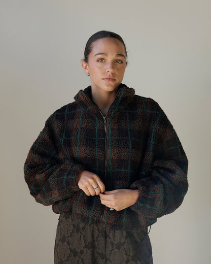 MAD FOR FALL PLAID FLEECE ZIP UP JACKET X BROWN
