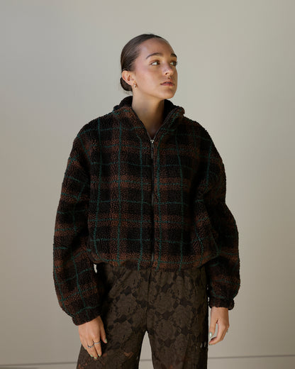 MAD FOR FALL PLAID FLEECE ZIP UP JACKET X BROWN