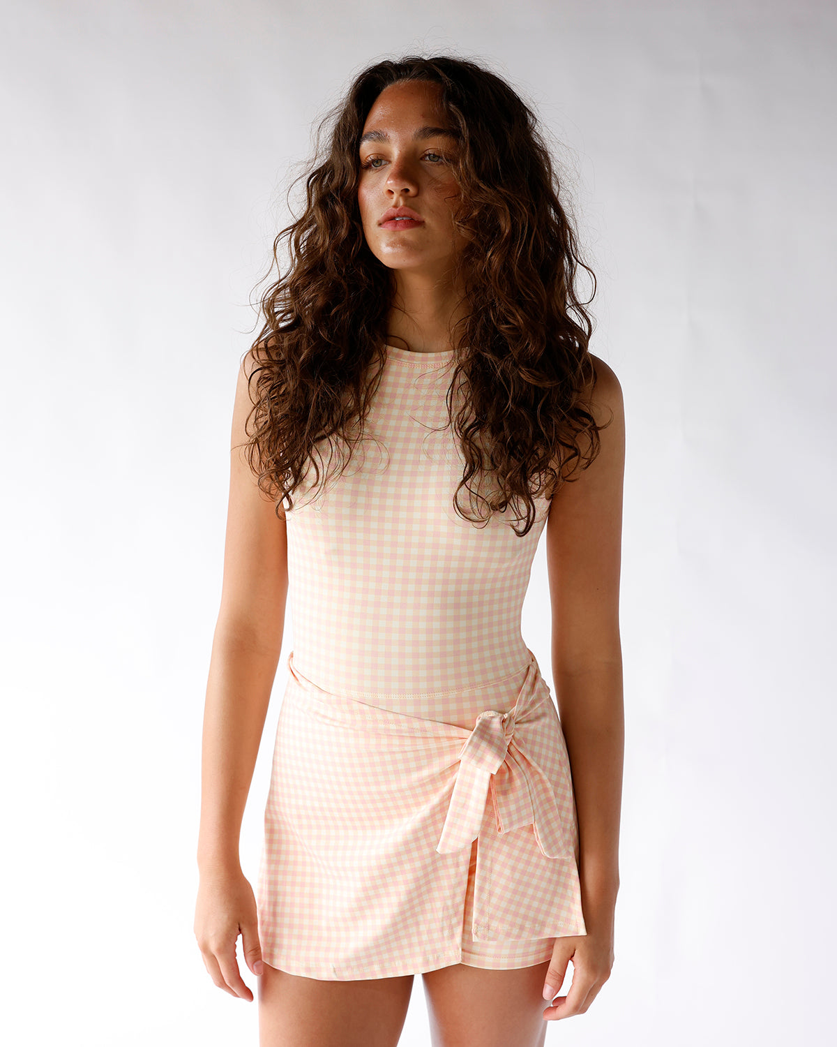JUST PEACHY GINGHAM MINI DRESS