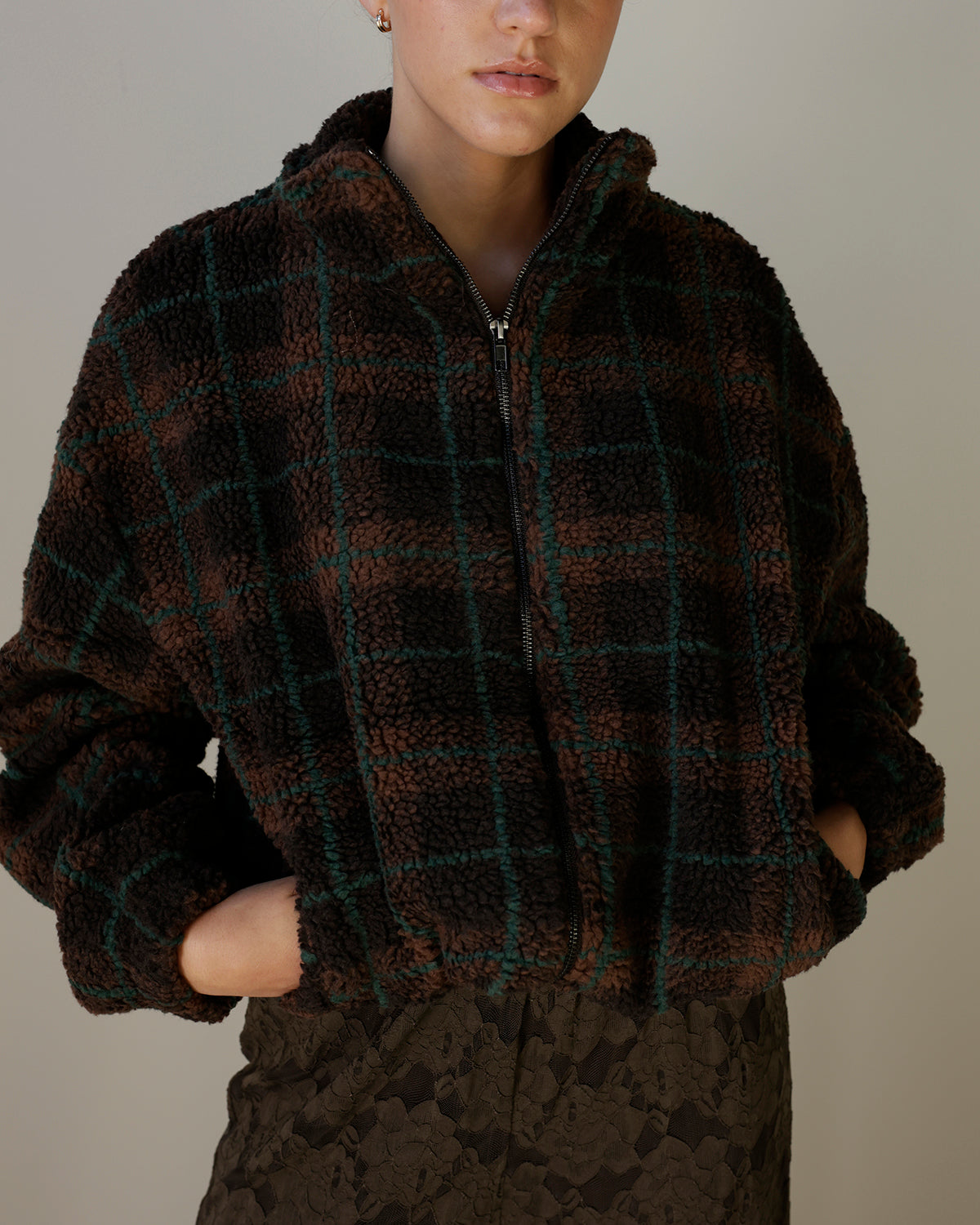 MAD FOR FALL PLAID FLEECE ZIP UP JACKET X BROWN