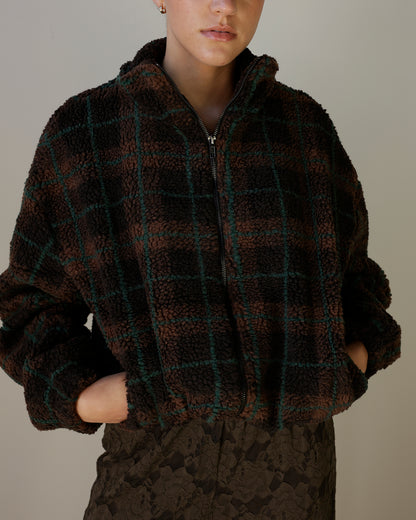 MAD FOR FALL PLAID FLEECE ZIP UP JACKET X BROWN