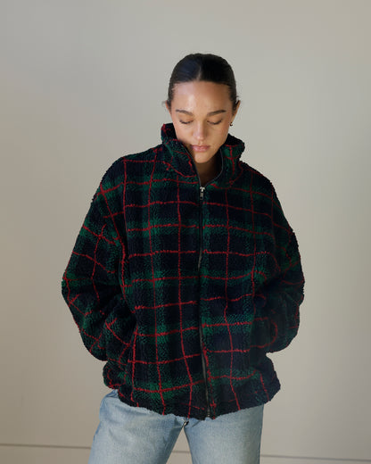 MAD FOR CHRISTMAS PLAID FLEECE ZIP UP JACKET X HUNTER GREEN