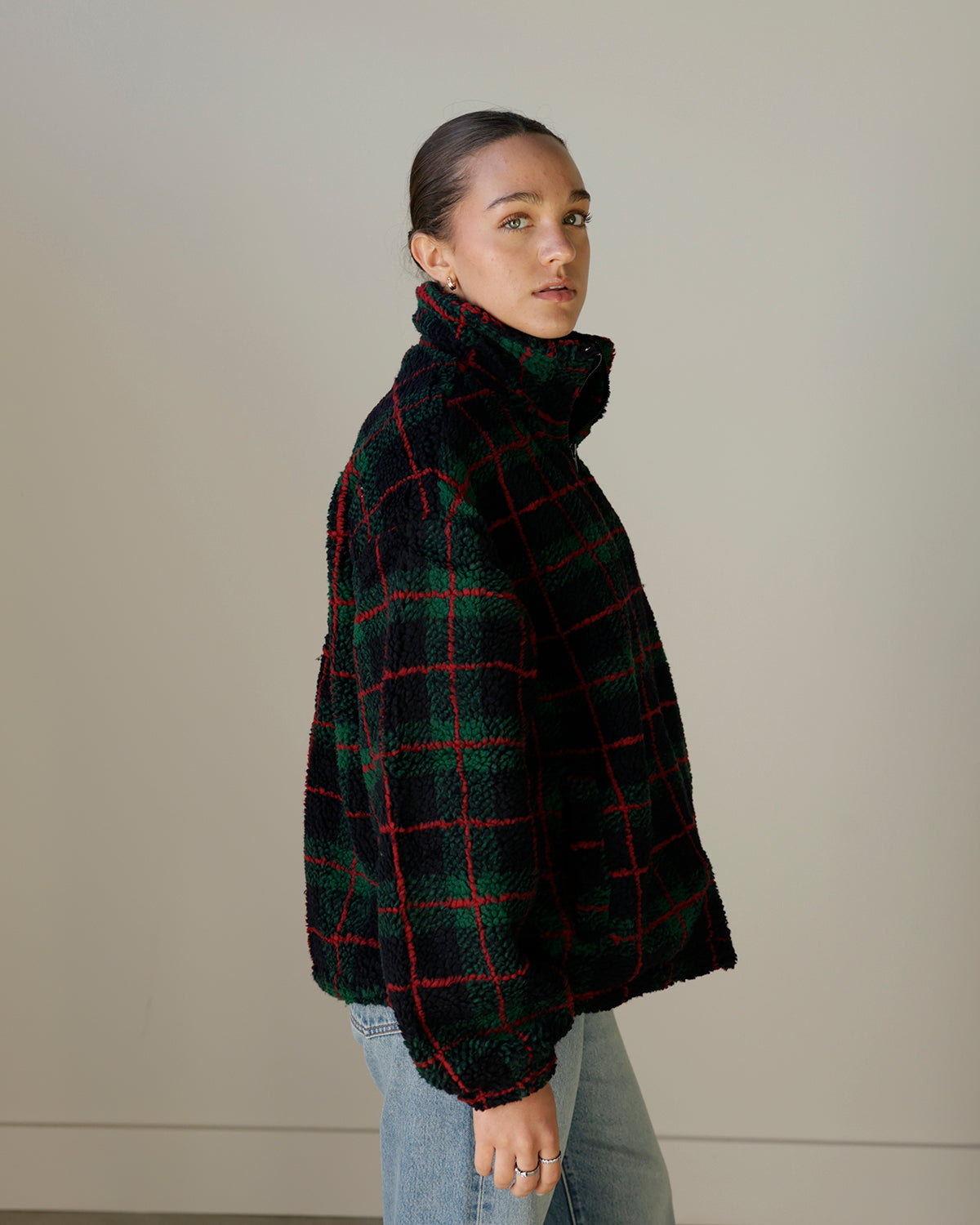 MAD FOR CHRISTMAS PLAID FLEECE ZIP UP JACKET X HUNTER GREEN