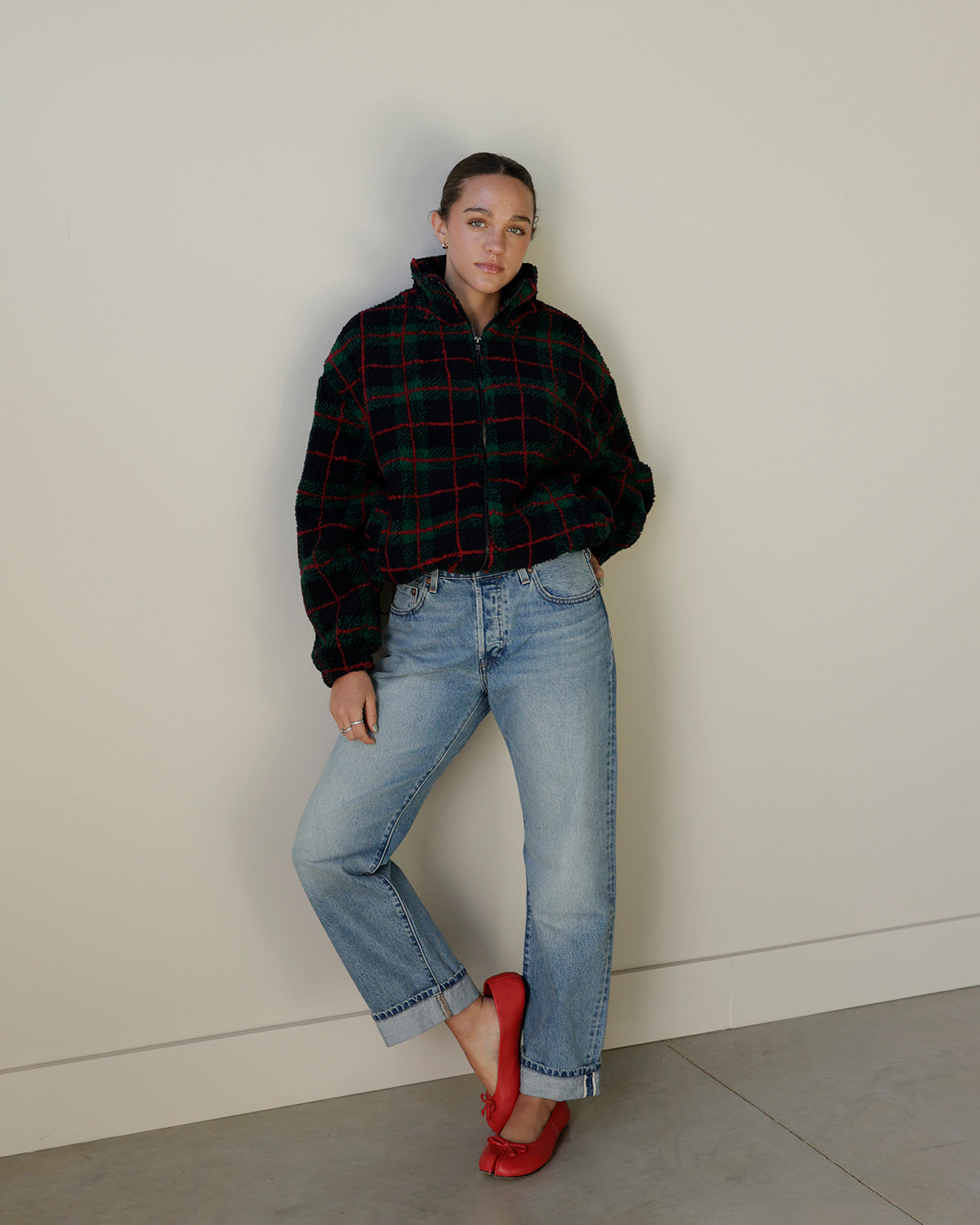 MAD FOR CHRISTMAS PLAID FLEECE ZIP UP JACKET X HUNTER GREEN