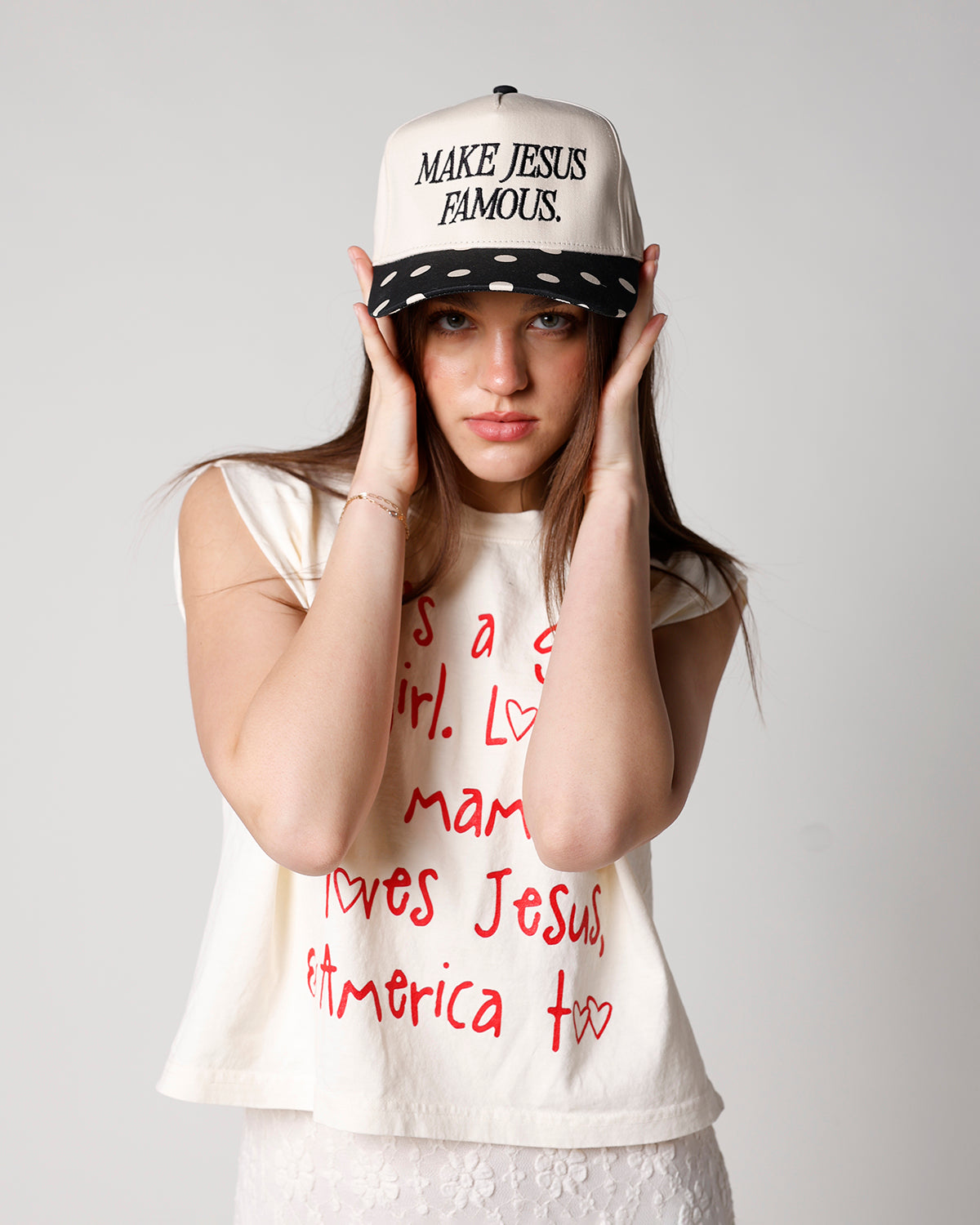 MAKE JESUS FAMOUS POLKA DOT TRUCKER HAT