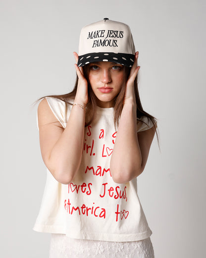 MAKE JESUS FAMOUS POLKA DOT TRUCKER HAT
