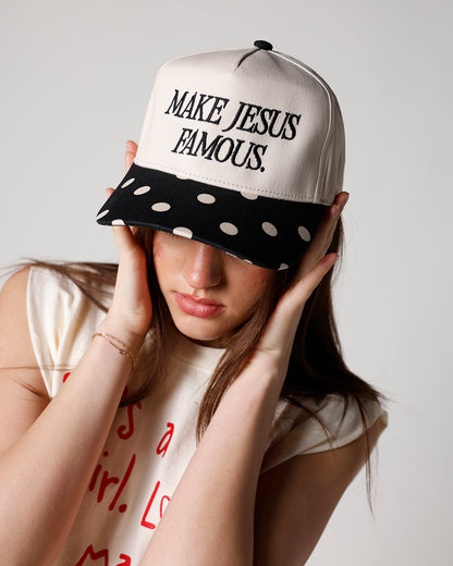 make jesus famous canvas embroidered polka dot bill trucker hat