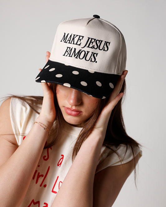 make jesus famous canvas embroidered polka dot bill trucker hat