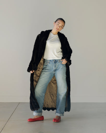 OLD HOLLYWOOD FLOOR GRAZING RICH BROWN FAUX FUR COAT