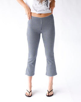 navy blue and white gingham print flared capri pants