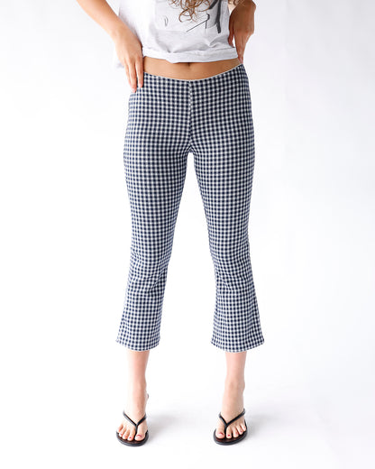 navy blue and white gingham print flared capri pants