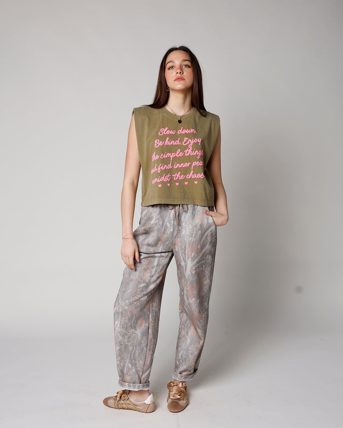 women's graphic muscle tee olive green pink graphic inspirational message graphic muscle tee