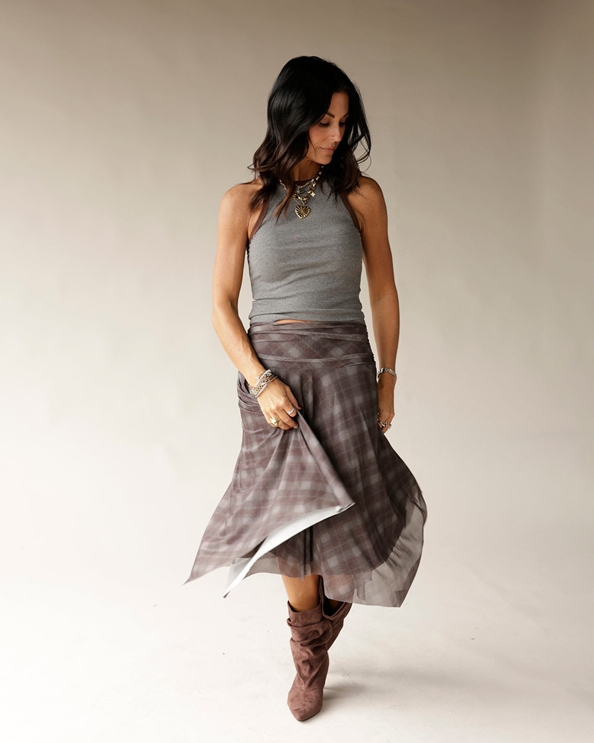 NIA EME PLAID MIDI SKIRT