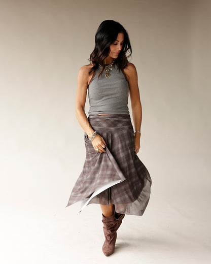 NIA EME PLAID MIDI SKIRT