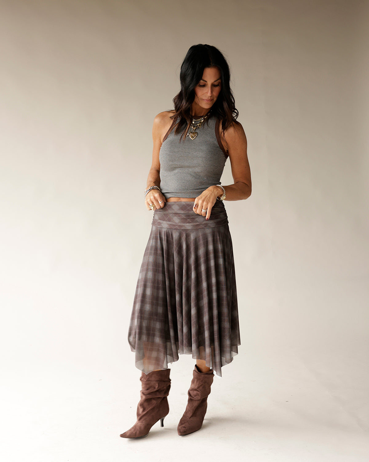 NIA EME PLAID MIDI SKIRT