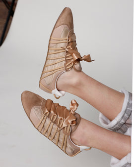 beige mesh low top sneakers with ribbon laces ballet sneakers