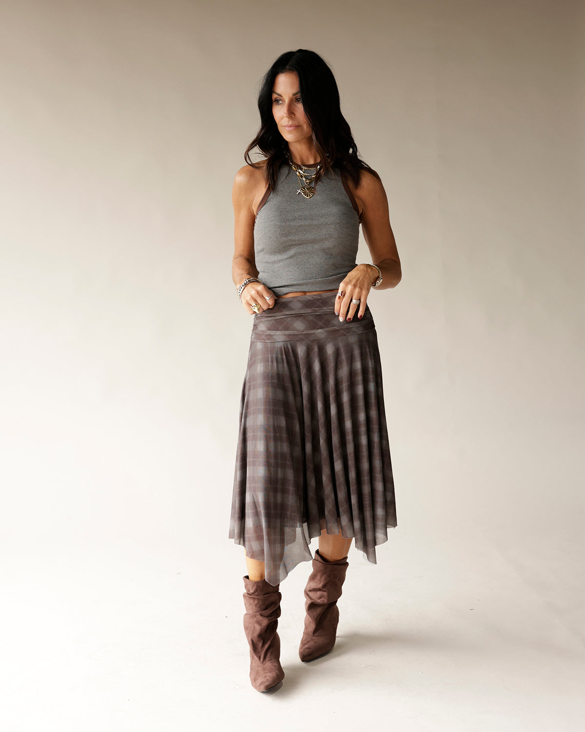 NIA EME PLAID MIDI SKIRT
