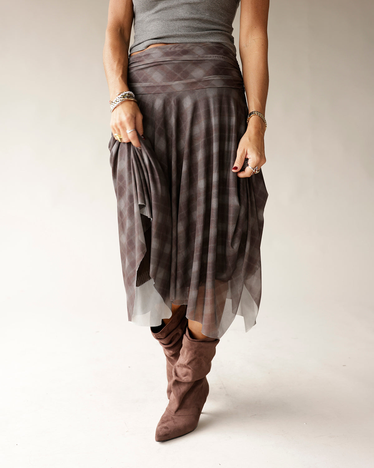NIA EME PLAID MIDI SKIRT
