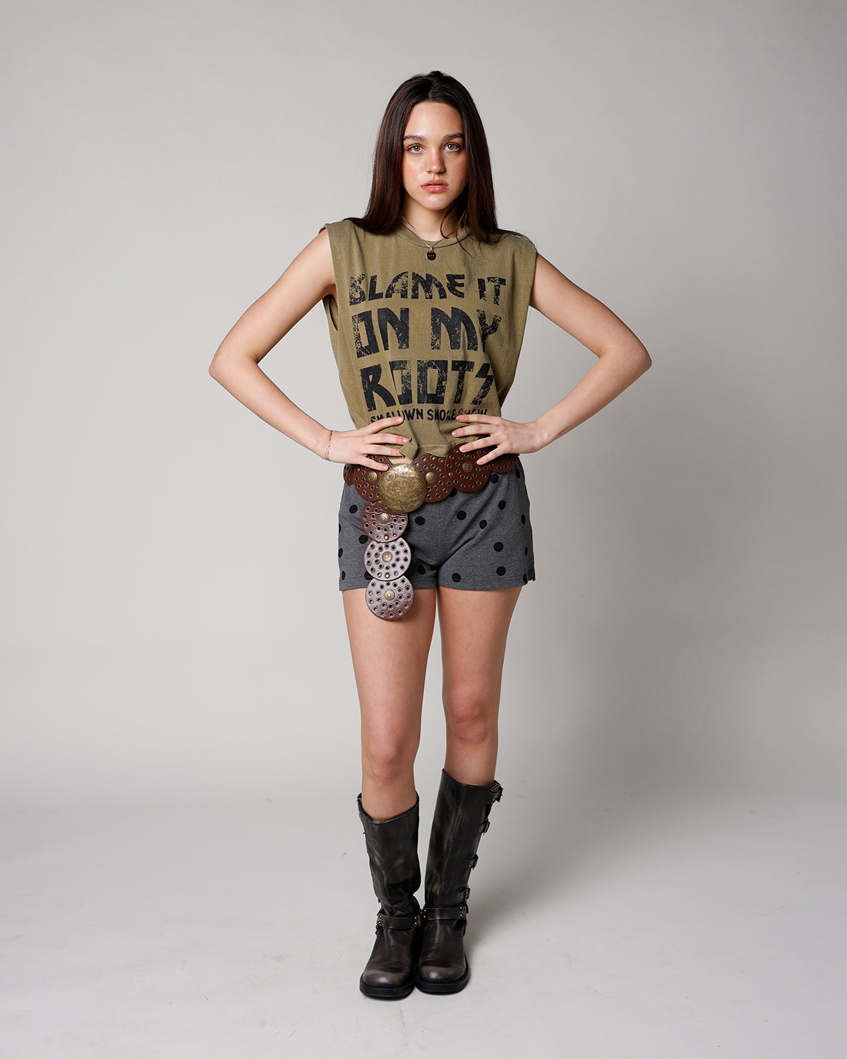 grey and black polka dot micro shorts elastic waist polka dot print shorts