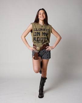 women's graphic muscle tee blame it on my roots army green sleeveless muscle tee