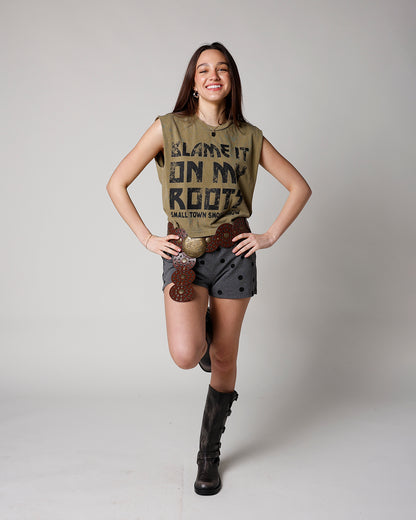 women's graphic muscle tee blame it on my roots army green sleeveless muscle tee