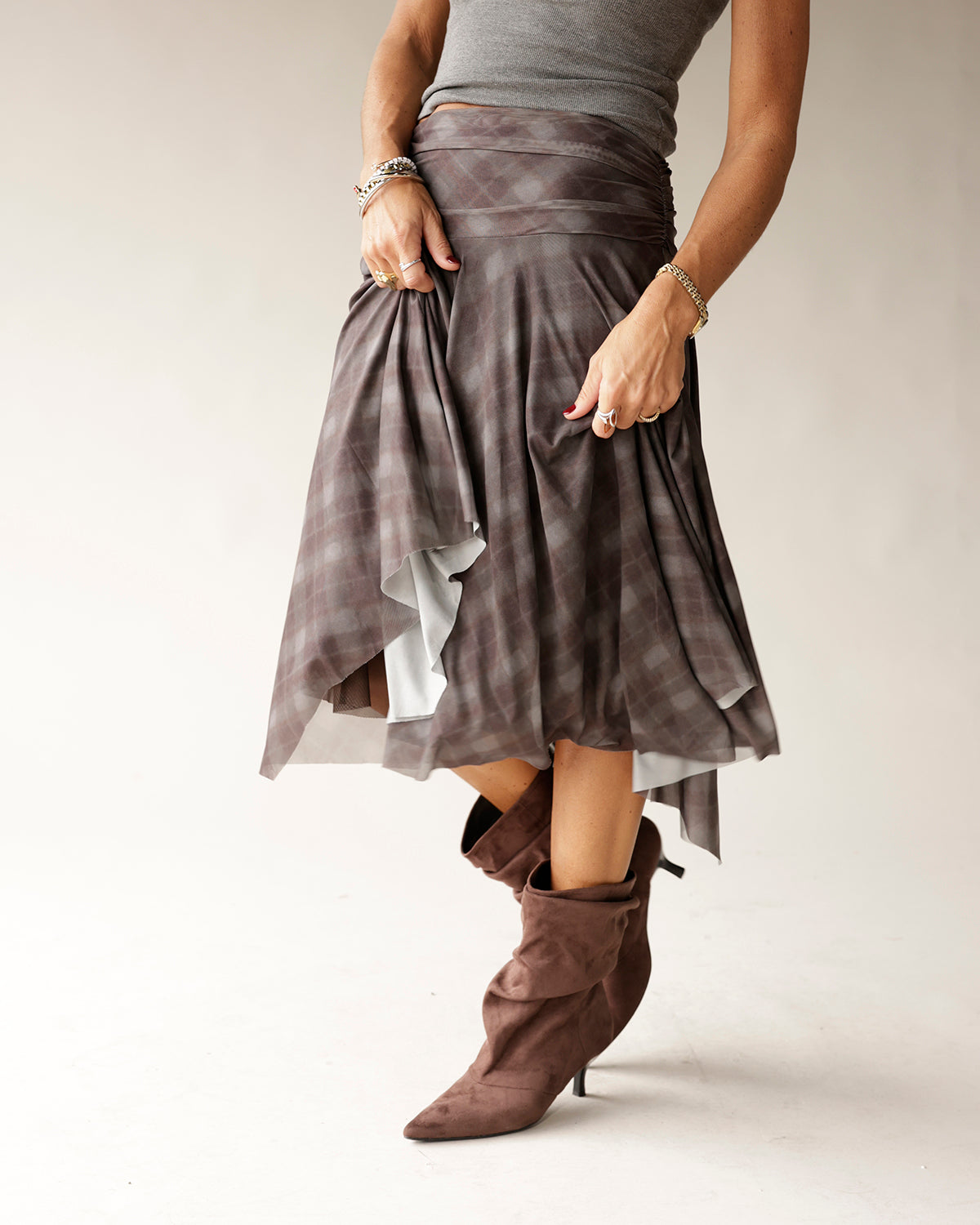 NIA EME PLAID MIDI SKIRT