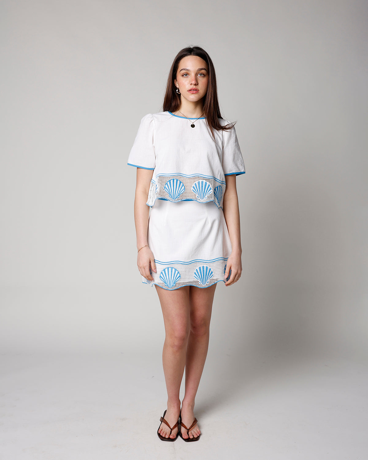 white linen mini skirt with crochet and seashell design hem women's white mini skirt