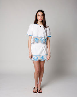 white linen mini skirt with crochet and seashell design hem women's white mini skirt