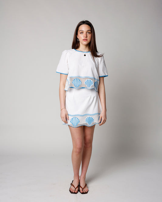 white linen mini skirt with crochet and seashell design hem women's white mini skirt