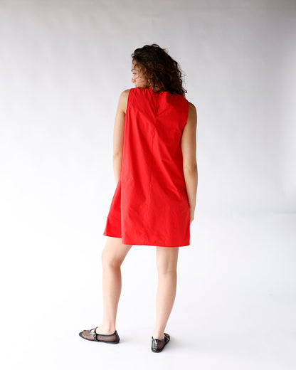 Red sleeveless mini dress with A-line silhouette, back seam detail, shown from behind