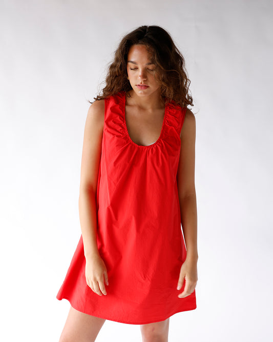 red sleeveless scoop neck mini dress