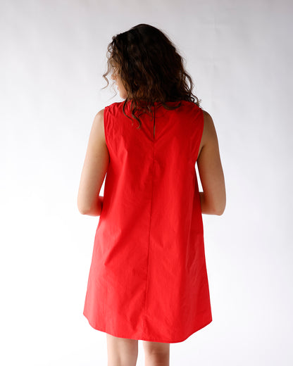 Red sleeveless mini dress with A-line silhouette, back seam detail, shown from behind