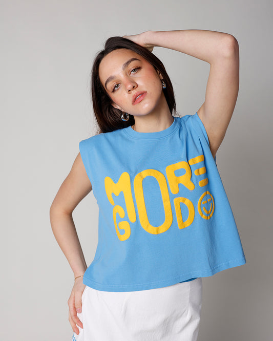 graphic muscle tee blue "more god" yellow graphic sleeveless muscle tee