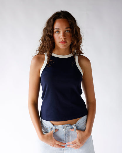 navy tank top with white contrast trim
