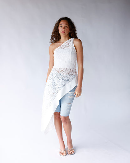 WHITE WHISPER LACE ONE SHOULDER TOP