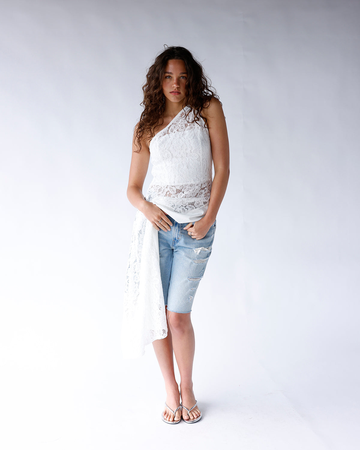 WHITE WHISPER LACE ONE SHOULDER TOP