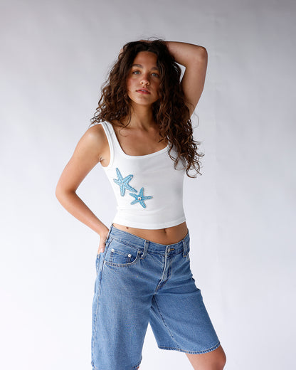 white tank with blue sequin starfish