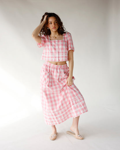GINGHAM DARLING MIDI SKIRT