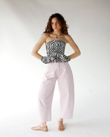 polka dot print light pink barrel jeans light pink and black polka dot print barrel leg jeans
