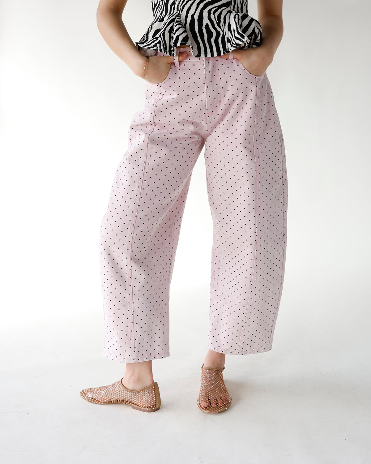 PRETTY IN PINK POLKA DOT BARREL JEANS