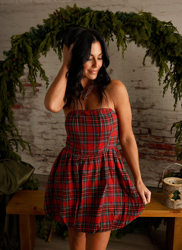 JOY STRAPLESS PLAID BUBBLE DRESS