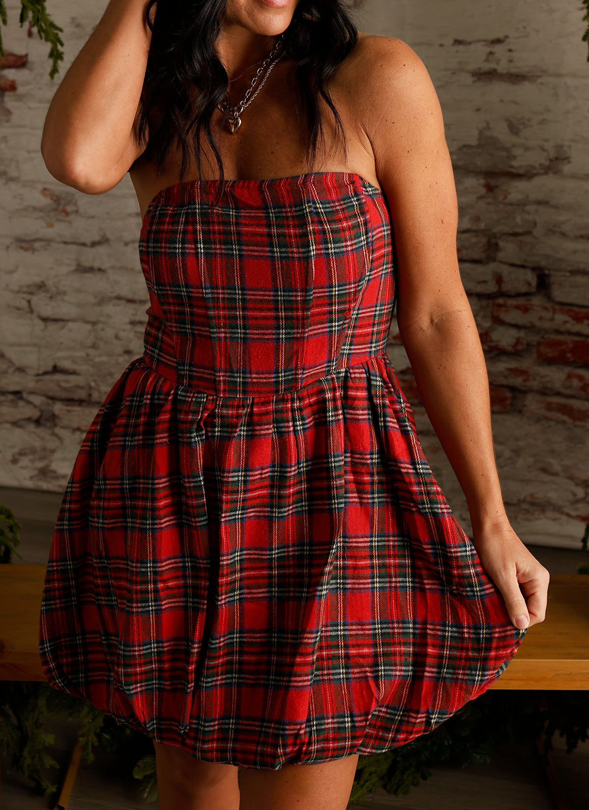 JOY STRAPLESS PLAID BUBBLE DRESS