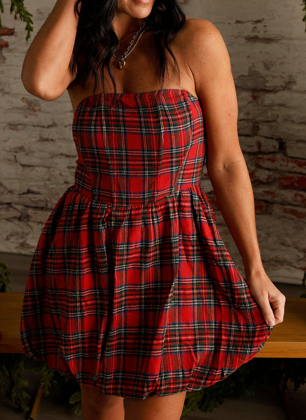 JOY STRAPLESS PLAID BUBBLE DRESS